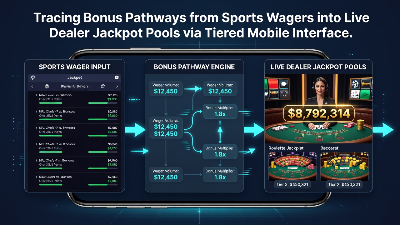Diagram van dataflows tussen sportweddenschappen en live dealer jackpotpools in mobiele applicaties